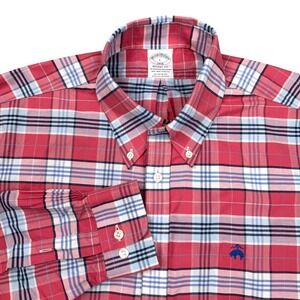 Brooks Brothers Shirt Mens Large Red Blue Plaid Regent Fit Preppy  Stretch